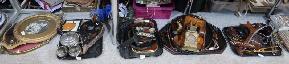 A collection of assorted treen and metalware, including frames, trays, stands etc Condition Report: