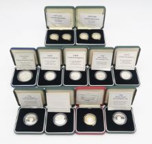 Eleven cased Royal Mint silver proof two pound coins, including two two-coin sets, 1994-1998 (11)