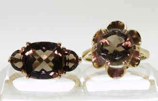 A retro 9ct gold ring set with a smoky quartz colour glass gem, size O1/2, together with a 9ct