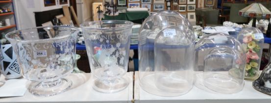 A Kew Royal Botanic Gardens glass vase and dish both etched with strawberries, four glass domes