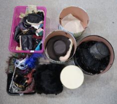 Three Copland and Lye hat boxes, another for Dalys, assorted hats, bags, purses and masks