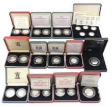 Royal Mint cased silver proof coins, including a five-coin 1986 one pound set, four various two-coin