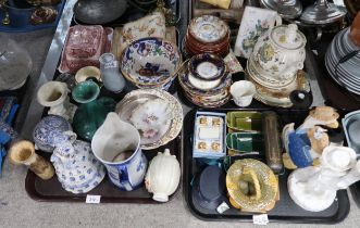 Assorted pottery and ceramics including a blue and white crinoline lady pot, vases etc Condition