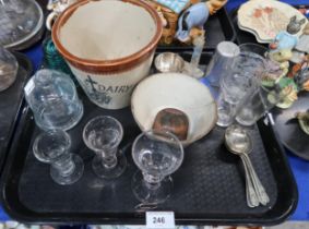 A Maypole dairy cream jug, three pennylick glasses, a glass conductor marked Brookfield New York,