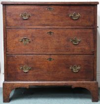 A 19th century oak three drawer chest on bracket feet, 82cm high x 78cm wide x 46cm deep Condition