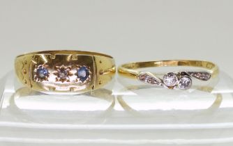 Two vintage rings, a sapphire and diamond ring (hallmarks incomplete) size P1/2, weight 2.3gms,