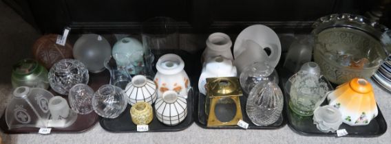 A collection of glass light shades including cut, etched and coloured examples Condition Report:No