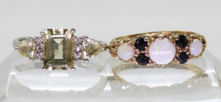 A 9ct gold opal and sapphire ring, size M1/2, together with a 9ct white gold green amethyst and