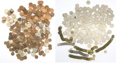 A large quantity of UK pre-decimal coinage, with George VI and Elizabeth II half crowns, 3d bits,