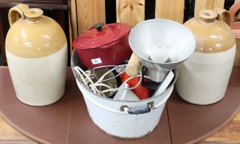 A lot comprising two stoneware jugs, enamel ware basin, Le Creuset crock pot, kitchen wares, two