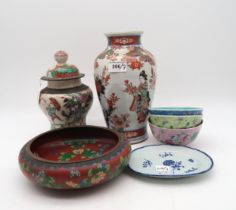 A Chinese Nanking warrior vase, an Imari vase, a cloisonne bowl, three glazed bowls, a Chantilly
