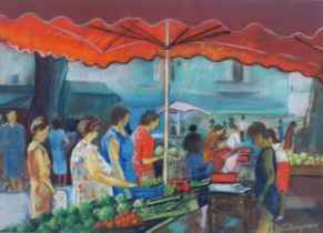 JAMES W. FERGUSON (SCOTTISH CONTEMPORARY)  THE VEGETABLE STALL, VIVIERS  Pastel on paper, signed