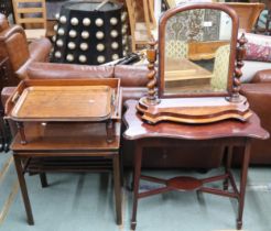 A lot comprising mahogany occasional table, bed tray, oak serving tray, mahogany dressing mirror,