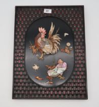 A Japanese shibayama panel, depicting cockerels, inlaid with bone and mother of pearl, 47 x 35cm