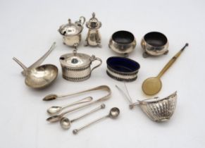 A collection of silver including a pair of Victorian silver open salts, by Mappin & Webb, London, on