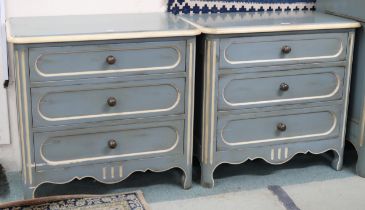 A pair 20th century pastel blue and cream painted Grange provincial directoire design three drawer