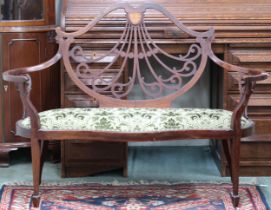 A late Victorian mahogany parlour seat with pierced splat on square tapering supports, 95cm high x