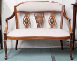 A Victorian beech and satinwood inlaid parlour seat with sample wood inlaid splats, 84cm high x 99cm