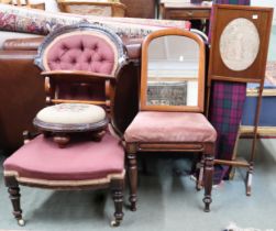 A lot comprising Victorian button back nursing chair, tapestry foot stool, wall mirror/shelf,