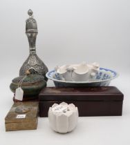 A Chinese plique-a-jour enamel jar and cover, on hardwood stand, a carved soapstone vase, a