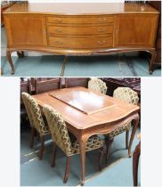 A 20th century dining suite consisting extending dining table, 76cm high x 137cm long (183cm long