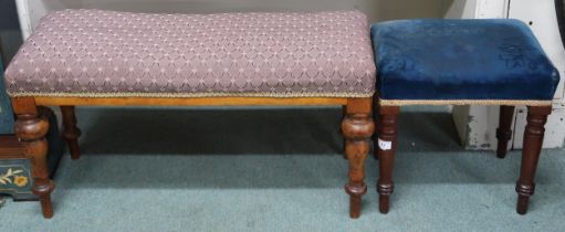 A lot comprising late Victorian walnut framed bench stool with turned supports, 44cm high x 86cm