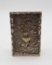A Chinese export silver match box, Hung Chong, with engraved openwork depicting dragons amongst