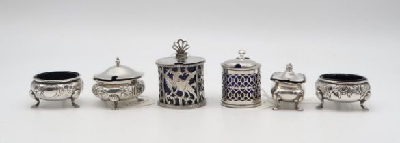 A collection of silver and sterling mustard pots and salts,, including a late-Victorian example by