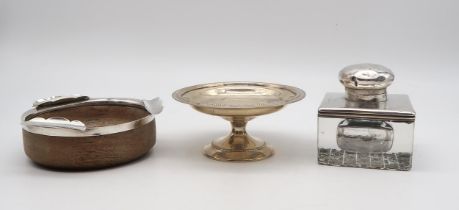 A Victorian silver & glass inkwell, Birmingham 1897, a late-Victorian silver and wooden ashtray,