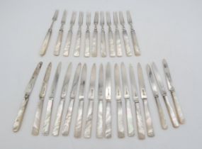 A set of George V silver mother of pearl fruit knives and forks, Sheffield 1924, ten forks and