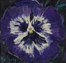 ROBERT KELSEY PAI FRSA (SCOTTISH b.1949)  PANSY STUDY IN PURPLE  Oil on board, signed lower right,