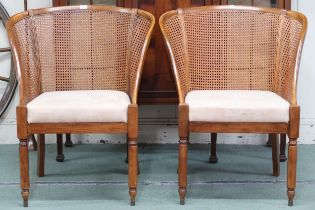 A pair of contemporary bergere backed tub armchairs on turned supports, 90cm high x 74cm wide x 66cm