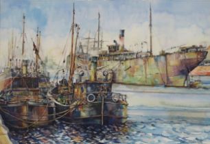 DAVID MITCHELL (ENGLISH b.1936)  PUFFERS, GLASGOW HARBOUR  Watercolours, signed lower right, 37 x