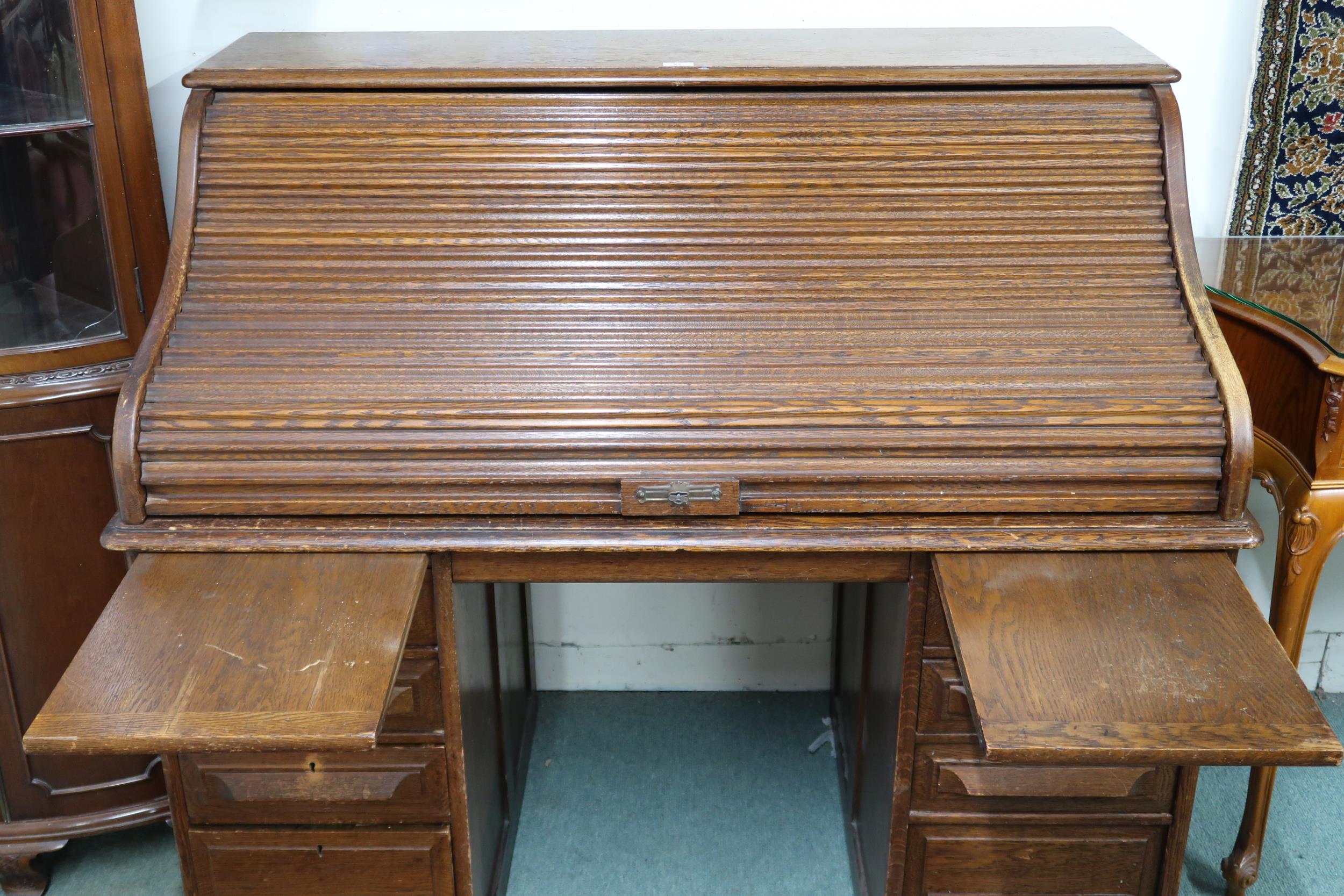 An early 20th century "Johnson & Appleyards Sheffield" oak tambour top desk with fitted interior - Image 3 of 3