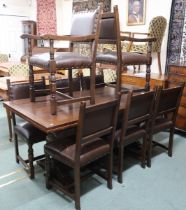 A 20th century stained oak Jaycee furniture extending refectory dining table, 76cm high x 183cm long