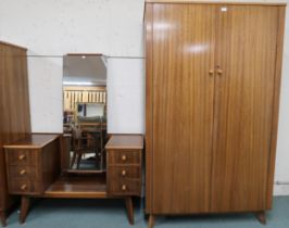 A mid 20th century Macassar veneered Morris of Glasgow bedroom suite consisting two door wardrobe,