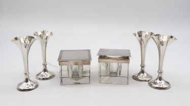 Two Art Deco silver & glass inkwells, both by Deakin & Francis, Birmingham 1932, and a set of four