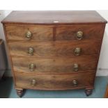 A Victorian mahogany two over three chest of drawers on turned supports, 107cm high x 105cm wide x