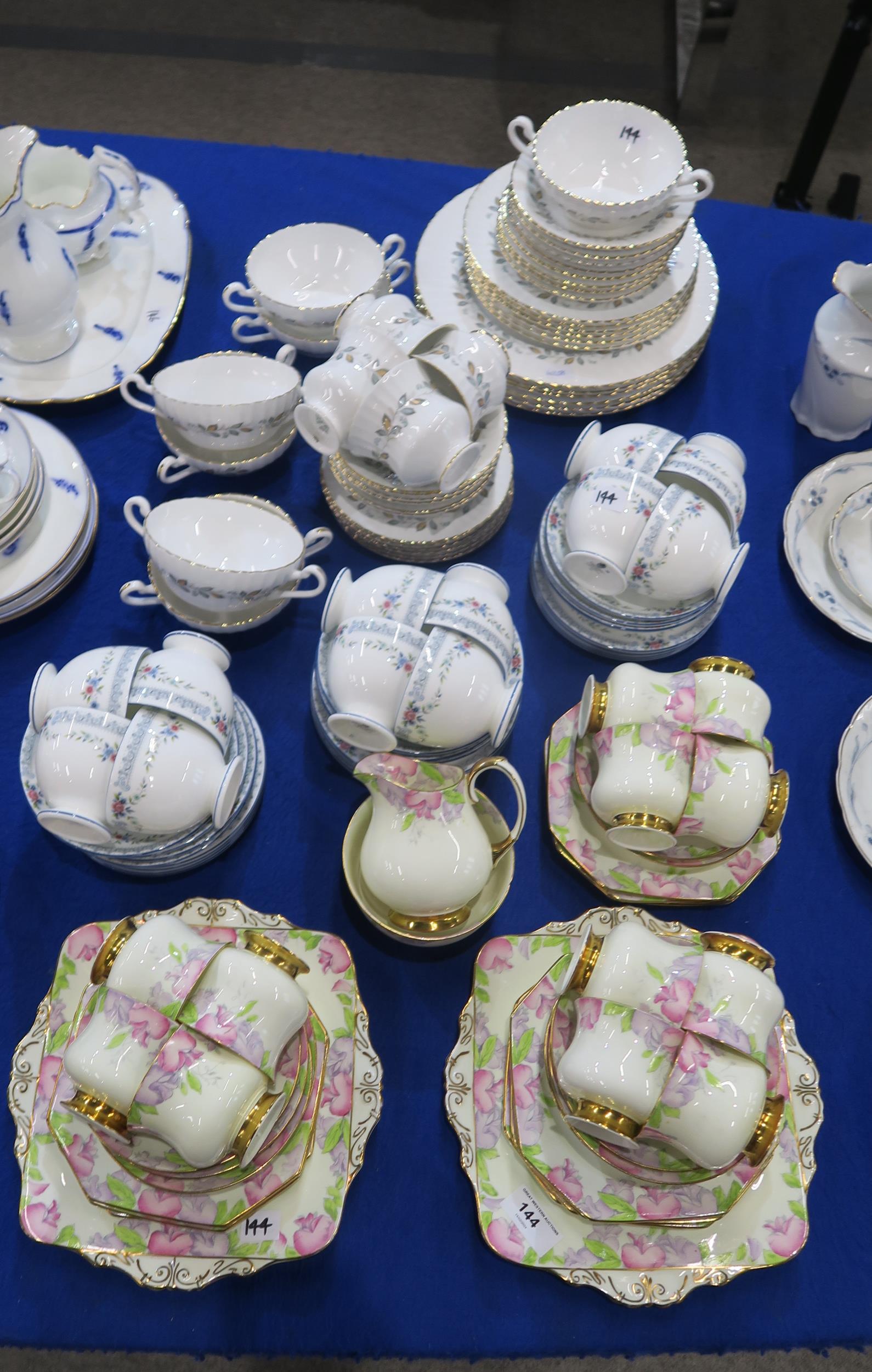 A Paragon Sweet Pea pattern teaset, together with a Wedgwood Rosedale teaset and a Paragon part