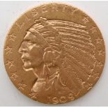 UNITED STATES 5 Dollars 1909 Obverse Native American head wearing a war bonnet, facing left date
