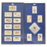 Two framed displays of WW1 embroidered silk postcards, each measuring approx. 79cm x 42cm