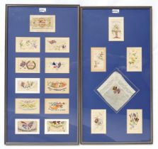 Two framed displays of WW1 embroidered silk postcards, each measuring approx. 79cm x 42cm
