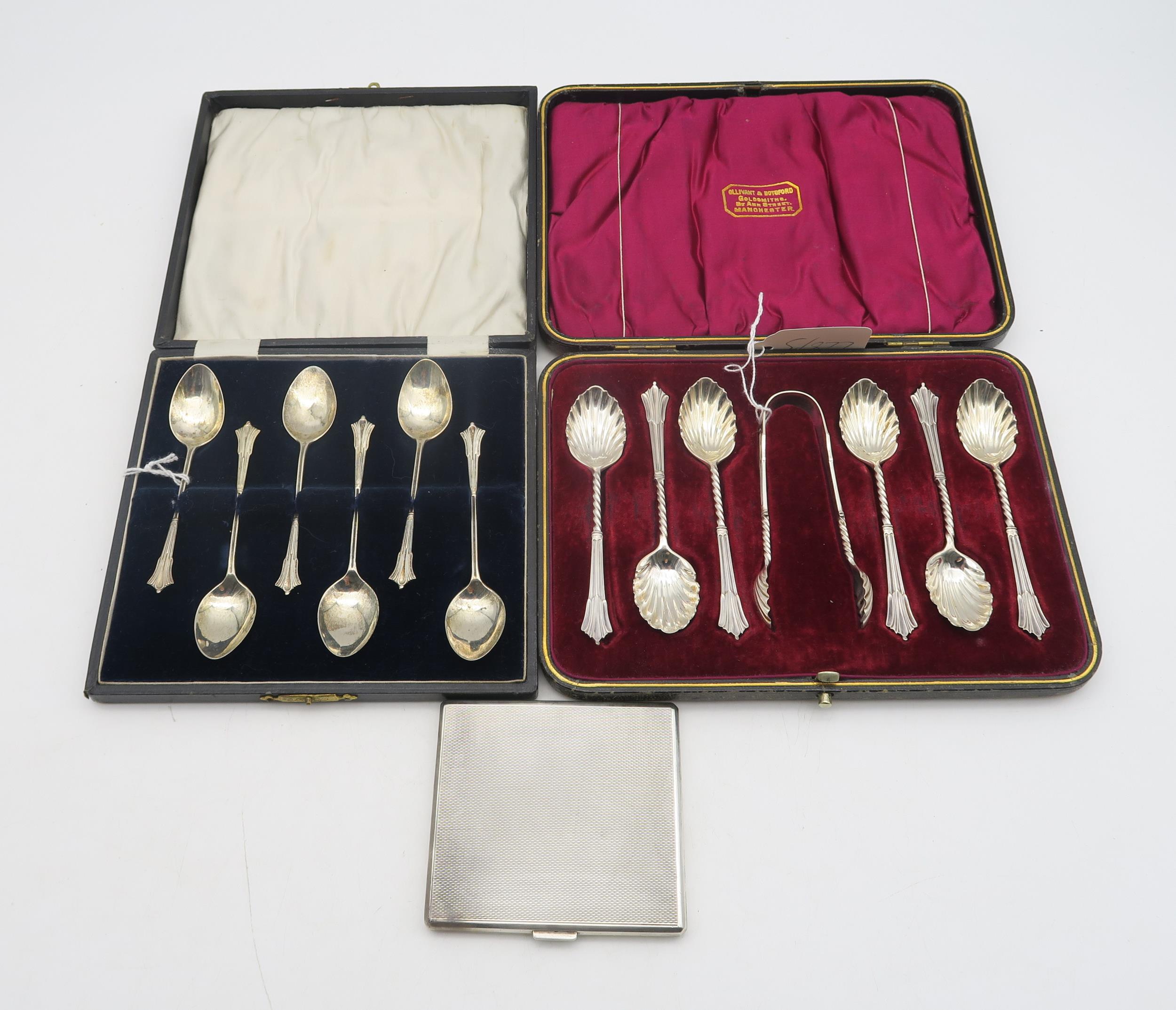 A cased set of silver albany pattern spoons and sugar tongs, by Harrison Brothers & Howson,