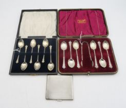 A cased set of silver albany pattern spoons and sugar tongs, by Harrison Brothers & Howson,