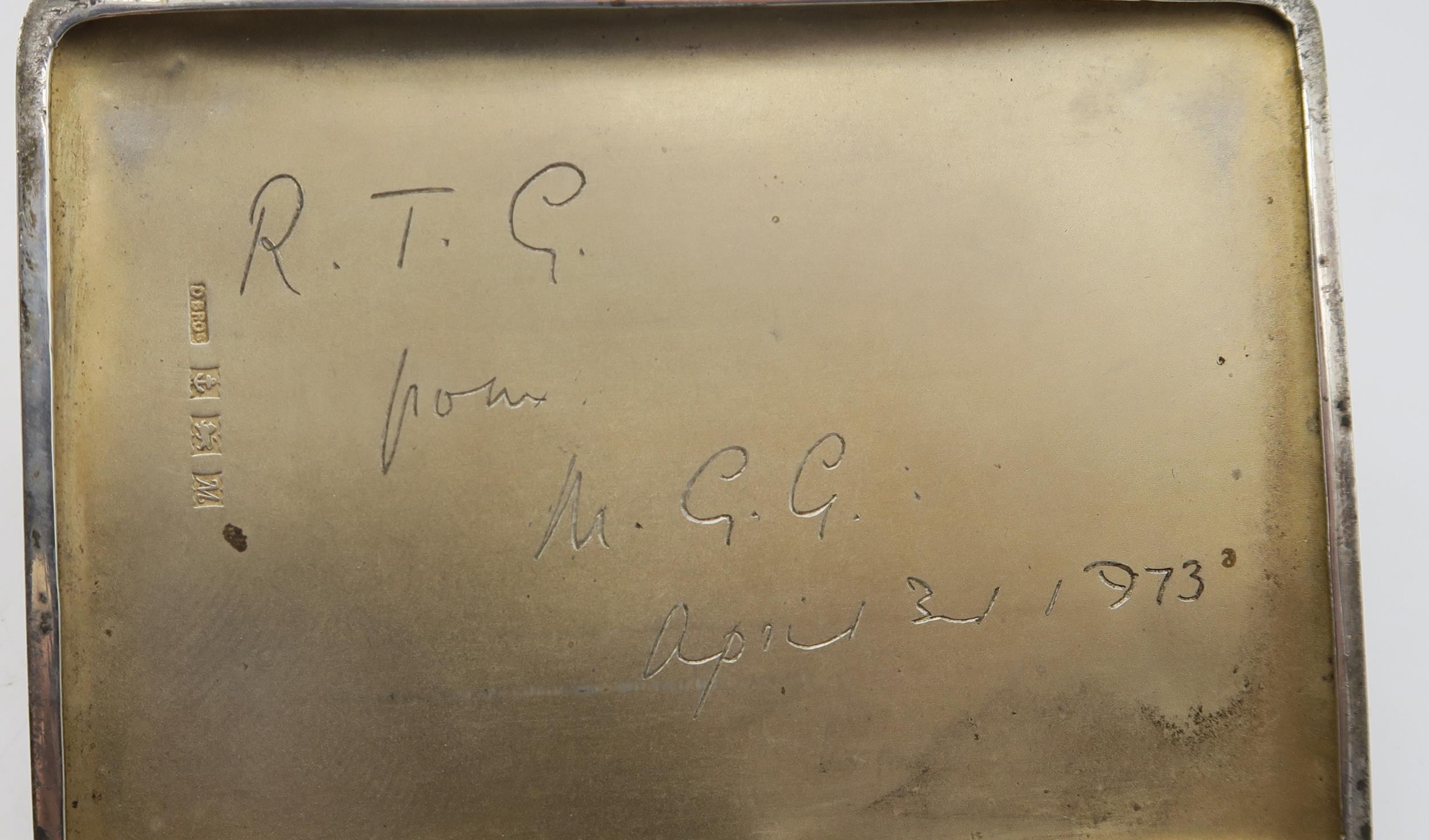 A George VI silver cigarette case, by D.Bros, Birmingham 1961, inscribed to the interior, and - Image 3 of 3