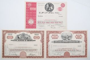 A lot comprising a 20th century Eurofund, Inc 100 shares stock certificate, a 20th century Parke,