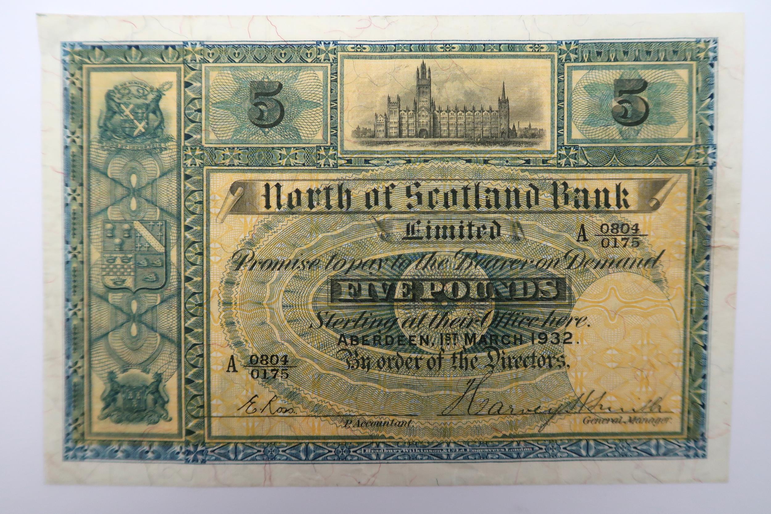 The North of Scotland & Town & Country Bank £5 note A 0804/0175 Aberdeen 1st March 1932 with