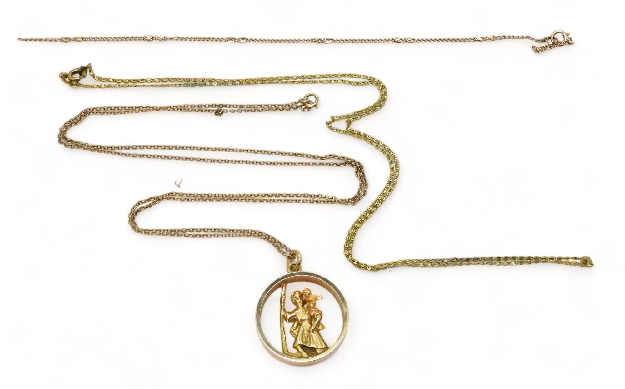 A 9ct gold St. Christopher and chain weight 12.7gms, together with a German 8ctgold chain, and a