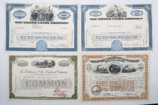 A lot comprising two 20th century The Grand Union Company 100 shares stock certificates, a 20th