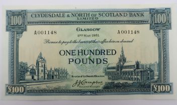 BANKNOTES The Clydesdale & North of Scotland Bank Limited one hundred pound note, A001148 Campbell